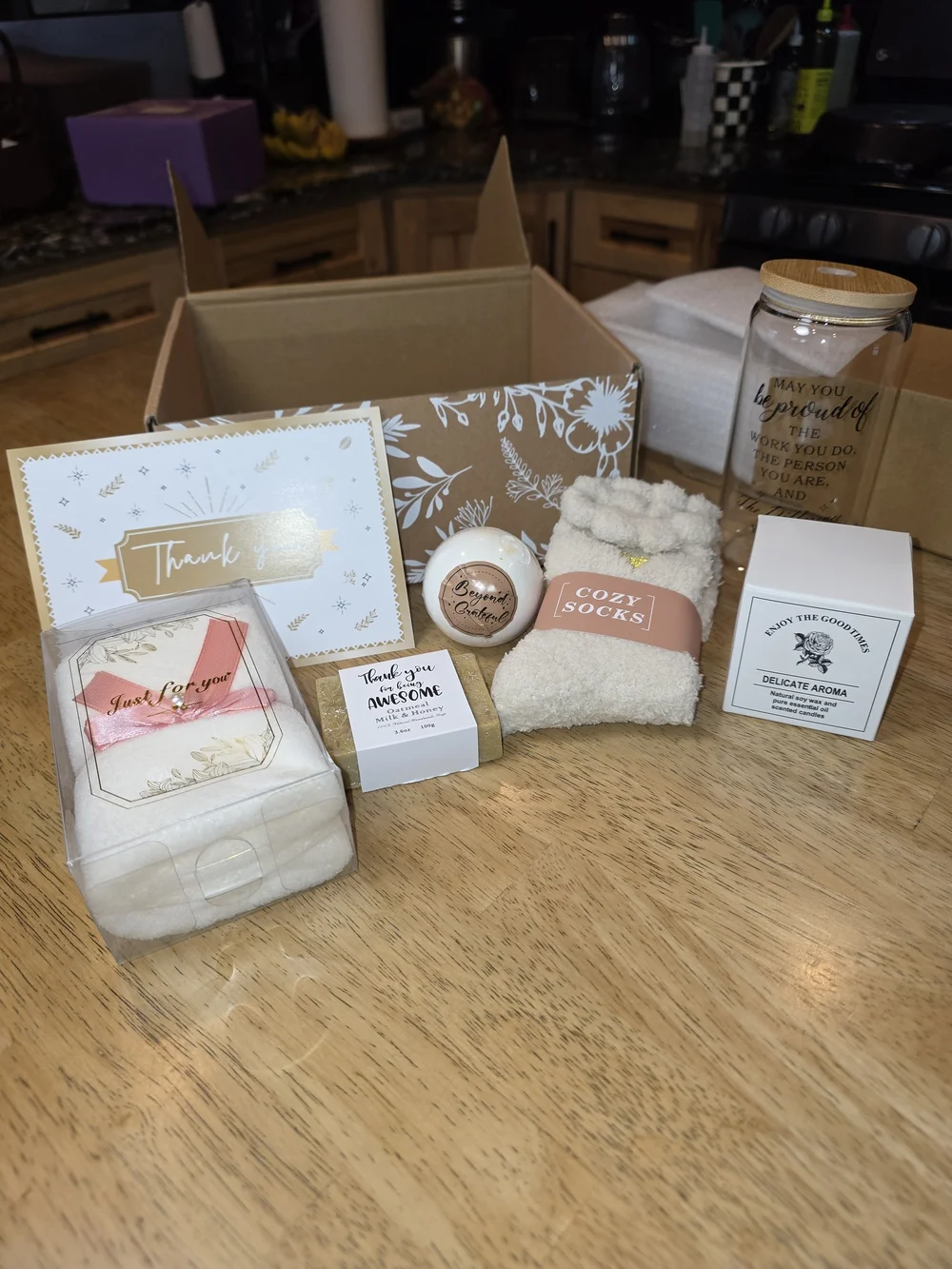Thank YOU Cozy Gift Set with Cream Plush Socks & Candle